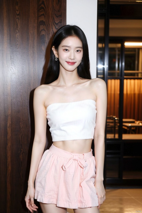  1girl, solo,black hair, realistic, breasts, jewelry, earrings, looking at viewer, bare shoulders, liuyifei,legs,All over,Smile,brown eyes,Small waist,Navel,Short skirts,Suspenders,Different postures,Mid-chest,Tube top