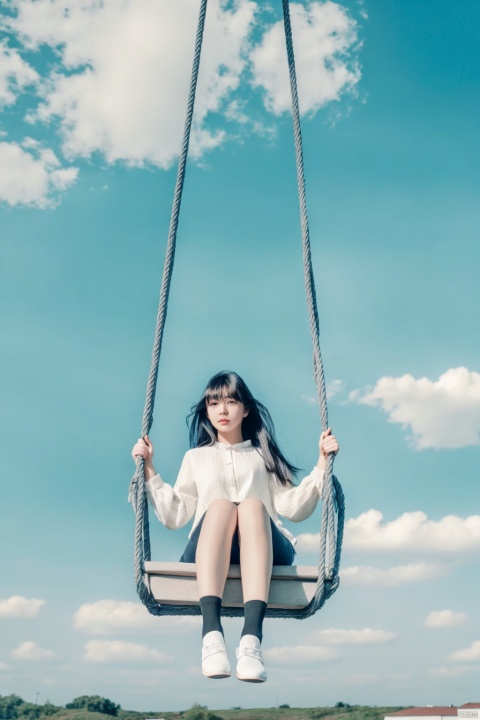  1girl,solo,sitting,sky,clouds,outdoors,black hair,bird,blue sky,white socks,daytime,building,long sleeves,long hair,playing on the swing,bangs,cloudy sky,wide_shot,hand between legs,blurry_background, ((poakl))