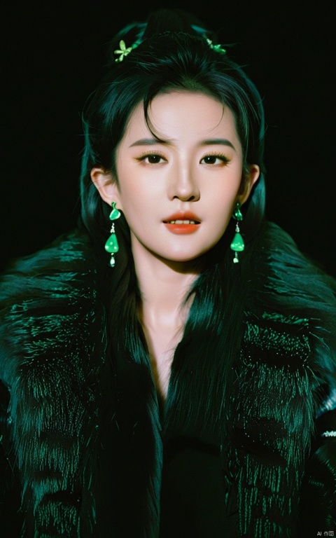  lui yifei with long black hair wearing green earrings and a fur coat with a black background and a black background,