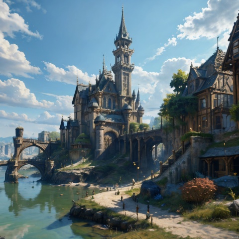  realistic, masterpiece, best quality, cinematic, dynamic lighting, natural shadow, ray tracing, volumetric lighting, highest detail, professional photography, detailed background,insane details, intricate, aesthetic,detailed matte painting,fantastic and intricate details,Bright color tones,Sunny Weather,fantasy concept art,8k resolution trending on Artstation Unreal Engine,medieval city,Compact architecture,Many people,Multiple buildings