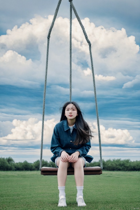  1girl,solo,sitting,sky,clouds,outdoors,black hair,bird,blue sky,white socks,daytime,building,long sleeves,long hair,playing on the swing,bangs,cloudy sky,wide_shot,hand between legs,blurry_background, ((poakl))