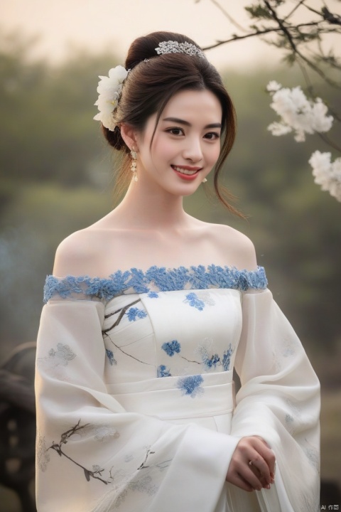  best quality, masterpiece,cowboy_shot,(Good structure),,a girl,xianjing,Off-the-shoulder, bust photo,upper body,Hanfu, Cloud, Smoke,branch,flower, smile,Gaze at the audience, Ink scattering_Chinese style, ((poakl)), ,looking_at_viewer,kind smile, , chinese dress,white dress, liuyifei,long_hair, Anne Hathaway