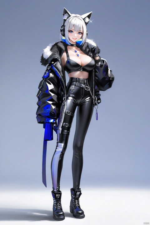  (original: 1.2), (far shot), (realistic: 1.3) (mixed Korean), masterpiece, best quality, beautiful clean face, fullbody, 1girl, ((detail fingers)), (with cat-ears on head), With gloves, mask, fur, wearing black techwear jacket and bodysuit and trousers with buckle and tape, ((a crystal necklace)), posing for a picture, (white beehive hairdo with cobalt highlights), long legs, holding one katana, big happy warm smile, (((large breast:1.3))), a huge cross sculpture behind, , , , ,