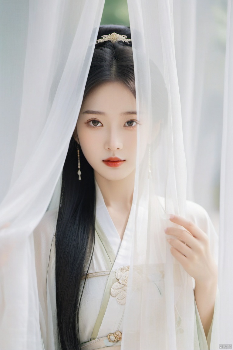 Chinese girl,Cover your face with simlebehind a silk curtain, frontview, half body short.exquisite clothing detail, (Long hair.),  Leave a lot of white space, zen,  graphic,Chinese ancient architecture, hanfu