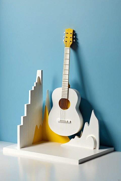  (wood sculpture minimalistic abstract scene with a guitar in white and light blue with little accent of yellow), abstract, 3d render, strong, intricate details, (masterpiece)
paper cut, woodfigurez