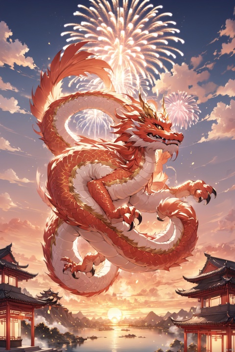  masterpiece, Animal, Chinese dragon, Dragon claw, Ryuu, Flying in the sky, fireworks,Majestic, Fantasy style, Chinese architecture, Sunset, Cloud top, Prosperous, Stars, Peach blossom, textured skin, super detail, best quality