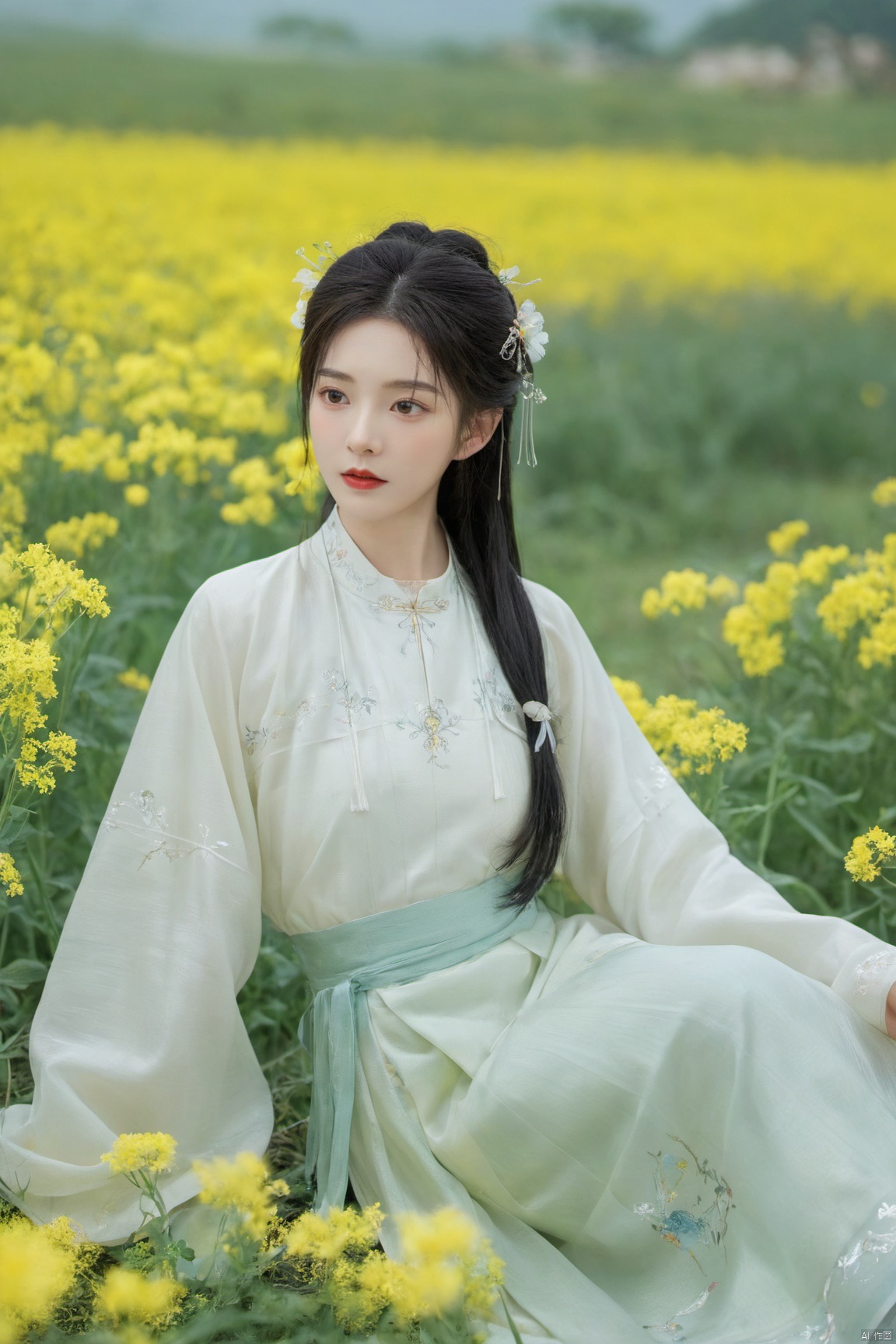  Enhanced, masterpiece, 16K, girl, Solo, Flower Field, rape flower, (\meng ze\), yue , hair ornament , hanfu,(big breasts:1.79), (full breasts:1.59),ming_hanfu, qingyi