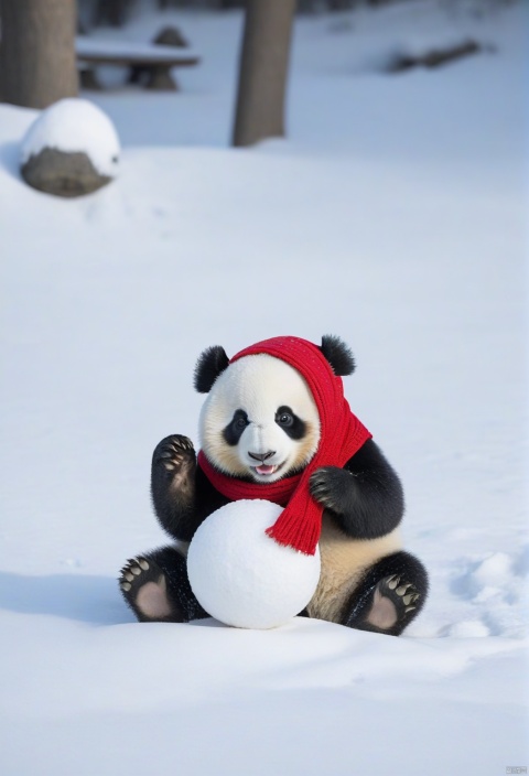  A cute panda sits in the snow, wearing a red scarf and holding a big snowball, ready to have a snowball fight with friends.