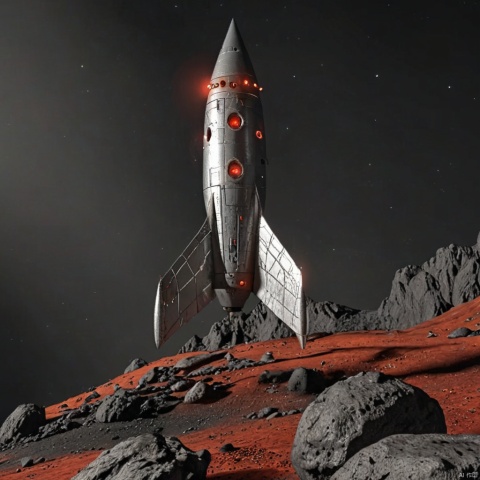  silver retro_rocket on a rocky red alien planet, [CDE_spaceship], black sky with nebula, realistic,