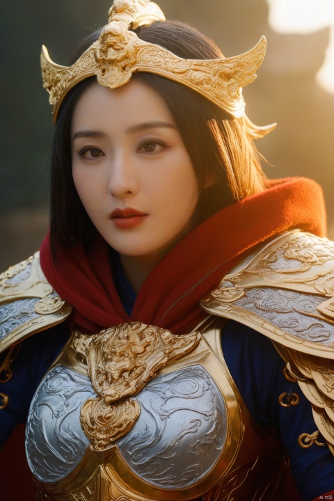  (masterpiece:1.1), (best quality:1.1),(ultra-detailed:1.1), realistic,best fingers,magnificent, epic,fantasy art, cover art, dreamy,cinematic,rich deep colors,creative, perfect, beautiful composition, intricate, perfect eyes, detailed a chinese girl, Large breasts, Chinese_armor, Women's armor,upper_body,helmet,shoulder_armor,looking at viewer,cloak, black hair,sunlight,cape,sunset, yaya