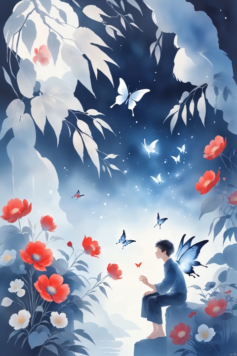 A fairy with wings, sitting on the edge of an open window next to flowers and plants in different colors. The background is a white curtain blowing gently in the style of a strong wind. In front there's another figure wearing red , holding up his hand as if showing something to him. A colorful butterfly flies around them. This scene has soft lighting and a dreamy atmosphere, reminiscent of whimsical children book illustrations or storybook pages. at night