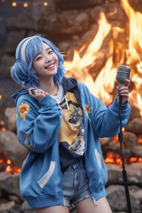  Masterpiece,highest quality,realistic,very fine and fine details,high resolution,8K,
hubg\(haixiaoqiong)\, 1girl, smile,blue hair,hair flower, 
(rock music, microphone, Hoodies, bonfires, stage, lights:1.3), HUBG_Film_Texture, HUBG_Rococo_Style(loanword)