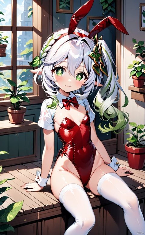  1girl, solo, long hair, breasts, looking at viewer, smile, bangs, shirt, hair ornament, thighhighs, bow, animal ears, hair between eyes, sitting, closed mouth, green eyes, white shirt, white hair, short sleeves, thighs, multicolored hair, small breasts, green hair, alternate costume, pointy ears, indoors, bowtie, rabbit ears, red bow, side ponytail, white thighhighs, leotard, groin, wrist cuffs, gradient hair, fake animal ears, highleg, playboy bunny, plant, red bowtie, highleg leotard, potted plant, red leotard, cross-shaped pupils, nahida \(genshin impact\)