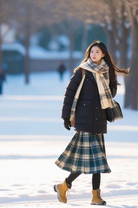  1girl,long hair, Winter clothing, college style,plaid skirt,full body,thick coat, cotton-padded jacket, plaid scarf, on the way home, snow, snow,outdoor,Master lens, golden ratio composition, (Canon 200mm f2.8L) shooting, large aperture, background blur., chinese woman,sunlight.