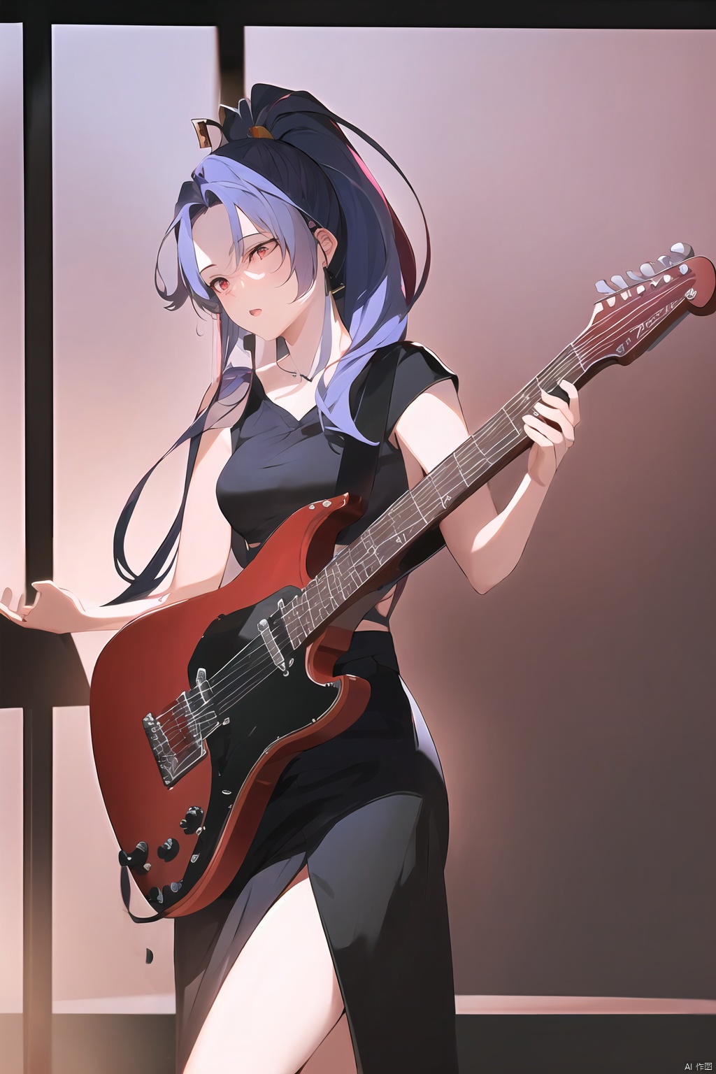  Rock girl, high ponytail, long pink-blue hair, very delicate, very beautiful, very high definition, full-length lens, passion, ((playing red guitar)) rich concert background, black background, cool lighting, master works., jijianchahua, (\shen ming shao nv\)