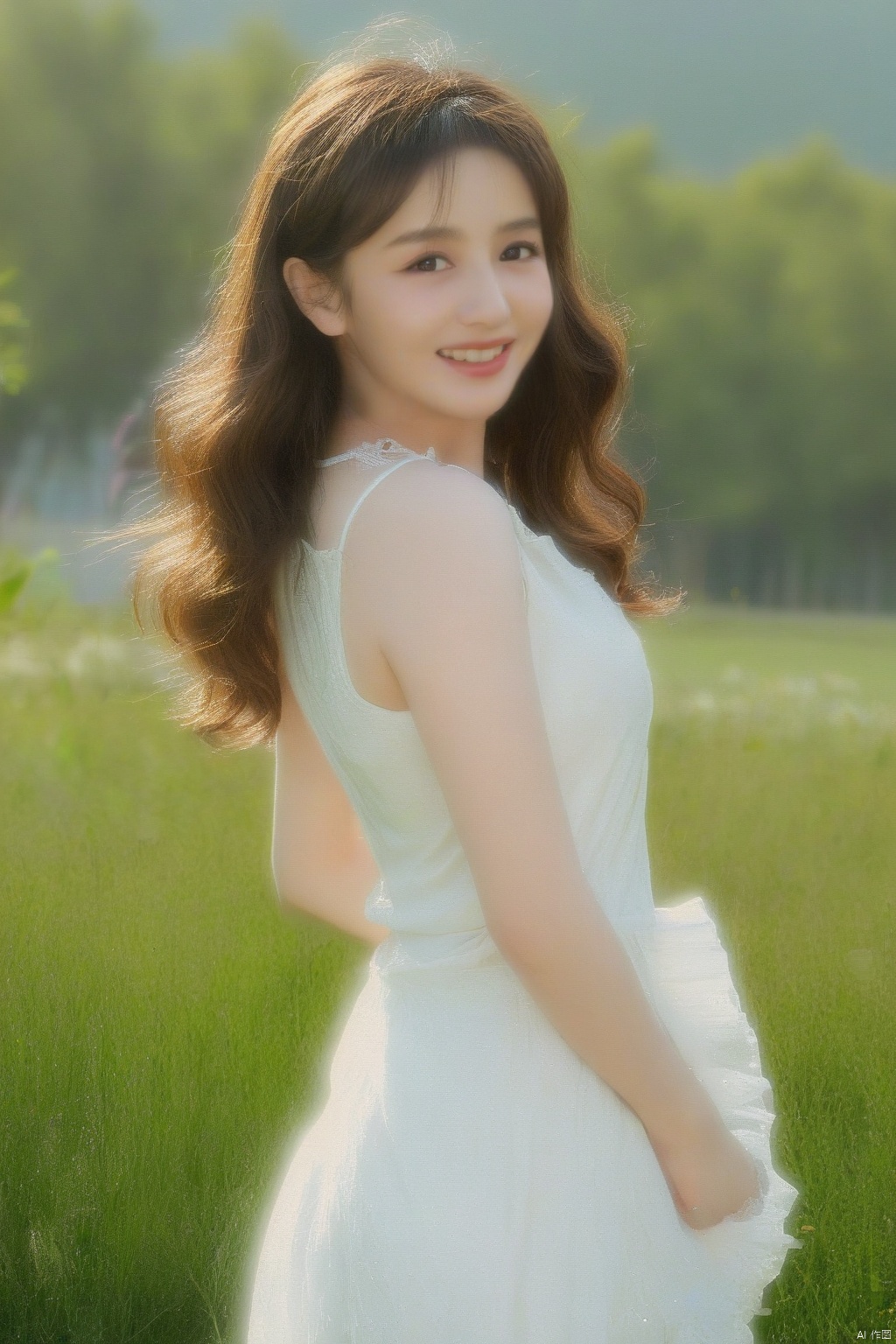Best quality,HDR,ultra high definition,8K,vivid colors,solo,photo _,(1 girl:1.3),big chest,fair skin,happy smile,brown hair,long hair,wavy curls,air bangs (standing: 1.3) (looking at the audience:1.4),elegant,detailed and gorgeous face,(full body shot:1.2),morning,(grass background:1.2) black eyes,sunlight,mottled sunlight,edge light,sparkling,white clothes,Chinese clothes,short skirts,in spring,cirrus,sky,day,in a meadow,nature,huge filesize,1girl,****, yaya
