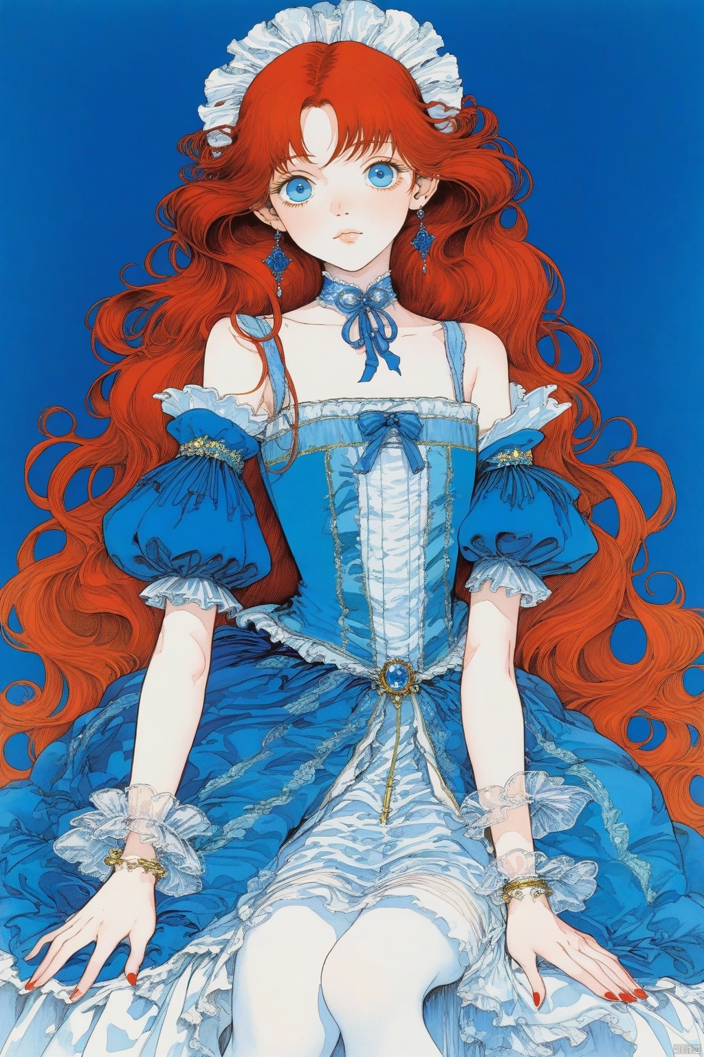  portrait, Long red hair, blue eyes, white skin, cute 12 year old skinny princess in a blue Rococo dress, artwork by Masamune Shirow.crazy colors
