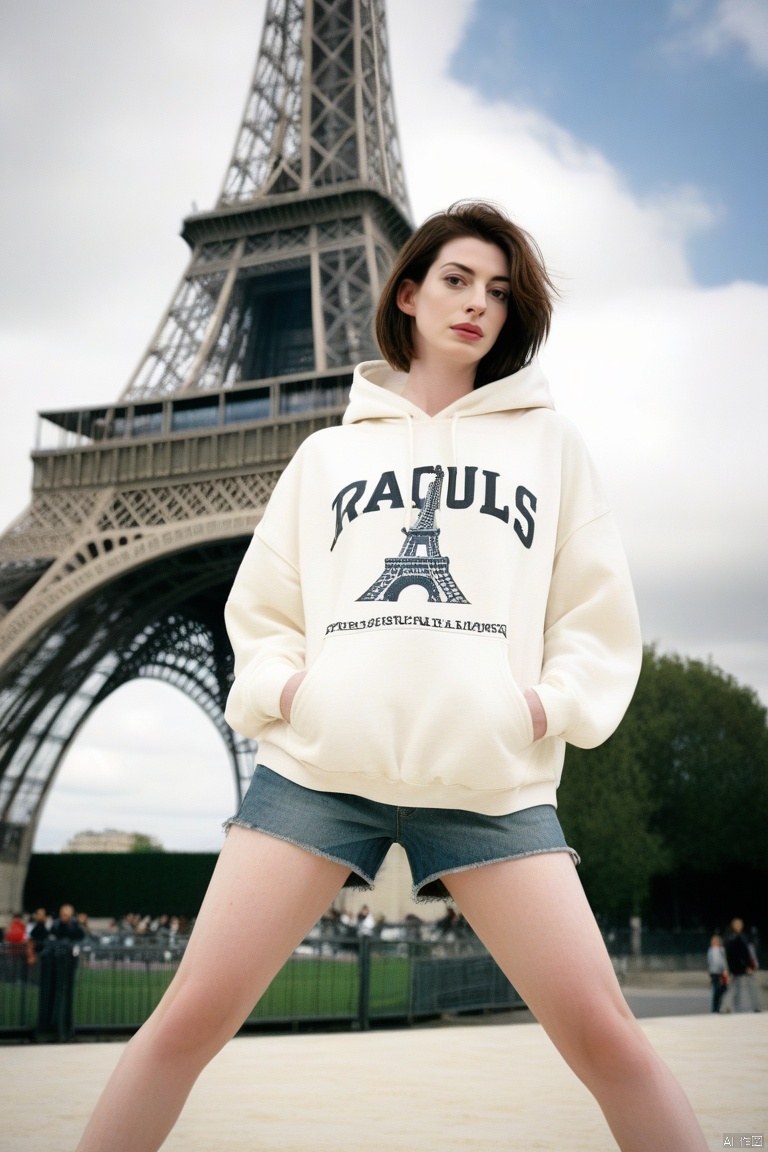 oversize hoodie, denim shorts, punkish, cinematic angle, Eiffel tower on background, Anne Hathaway