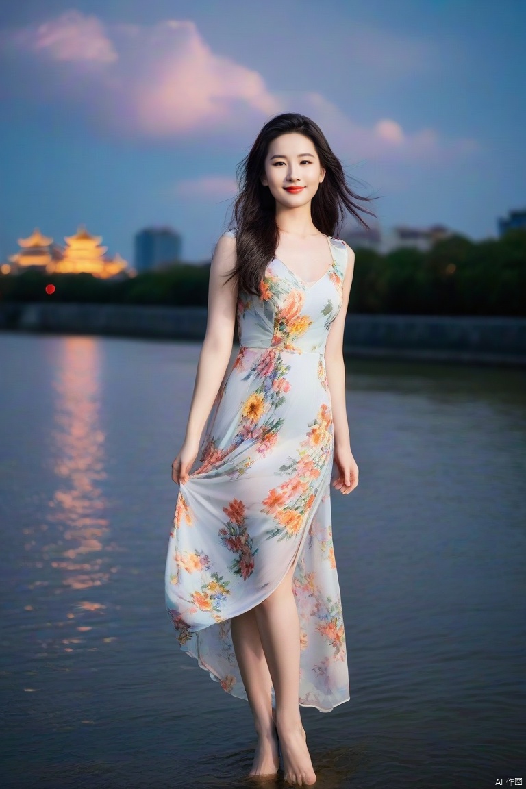  realistic,photorealistic,masterpiece,best quality,dark shot,(photo of portrait:1.2),cowbody shot,1girl,solo,smile,looking at viewer,long black hair,([:see-through:4]:1.2) (colorful:1.2) cns_dress,(floral print:1.2),standing by a river,dynamic pose,(shanghai:1.2),water,colorful cloud,incredible beautiful sky,netural lighting,dynamic Angle,neon,moon,bokeh,Chiaroscuro,liuyifei