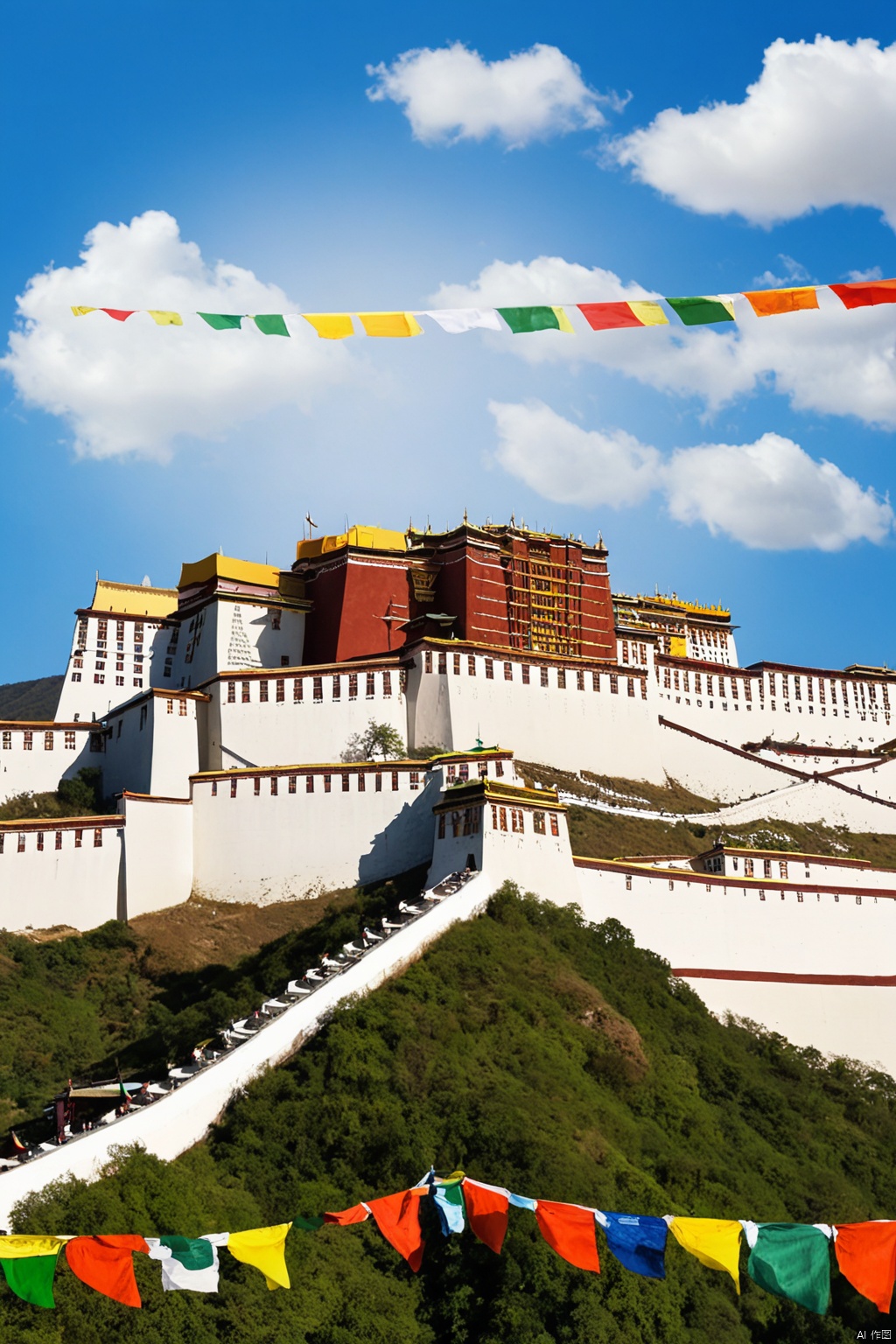 Potala Palace, full of colorful prayer flags, outdoor, blue sky, white clouds, Guochao illustration, gilding, art, illustration, wallpaper, high resolution