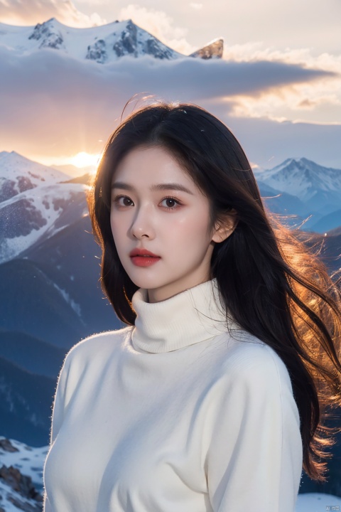 (1 girl:1.2),long hair,white turtleneck,jeans,white hats,full body,golden sunlight shining on the top of the mountain,(magnificent scene of mountains at sunset:1.2),(emphasizing how light changes the colors and textures of the mountains:1.1),creating a picture full of power and serenity,snow-capped peaks,mountains,(warm lighting:1.2),sea of clouds,shining eyes,beautiful details of eyes,extremely delicate and beautiful,extremely detailed,CG,masterpieces,best quality,official art,ultra-detailed,high resolution,looking_at_viewer,,