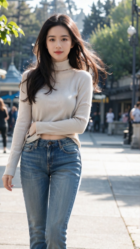  1girl, smiling,Realistic movie lighting,grey turtleneck sweater(((skindentation),(skin tight)),ultradetailed,8K,detailed face,photorealistic,1girl,long hair,solo,fullbody,complex background, look at the viewer, detailedbackground,sweating details,realistic, fullbody,long legs,real,Lacrimal nevus,realism, Delicate glowing skin,masterpiece,bestquality,distant view,depth of field,dynamic perspective,Perfectly proportioned figure,Detailed skin description, black jeans,street,daytime,good weather,Disneyland Park in the background,