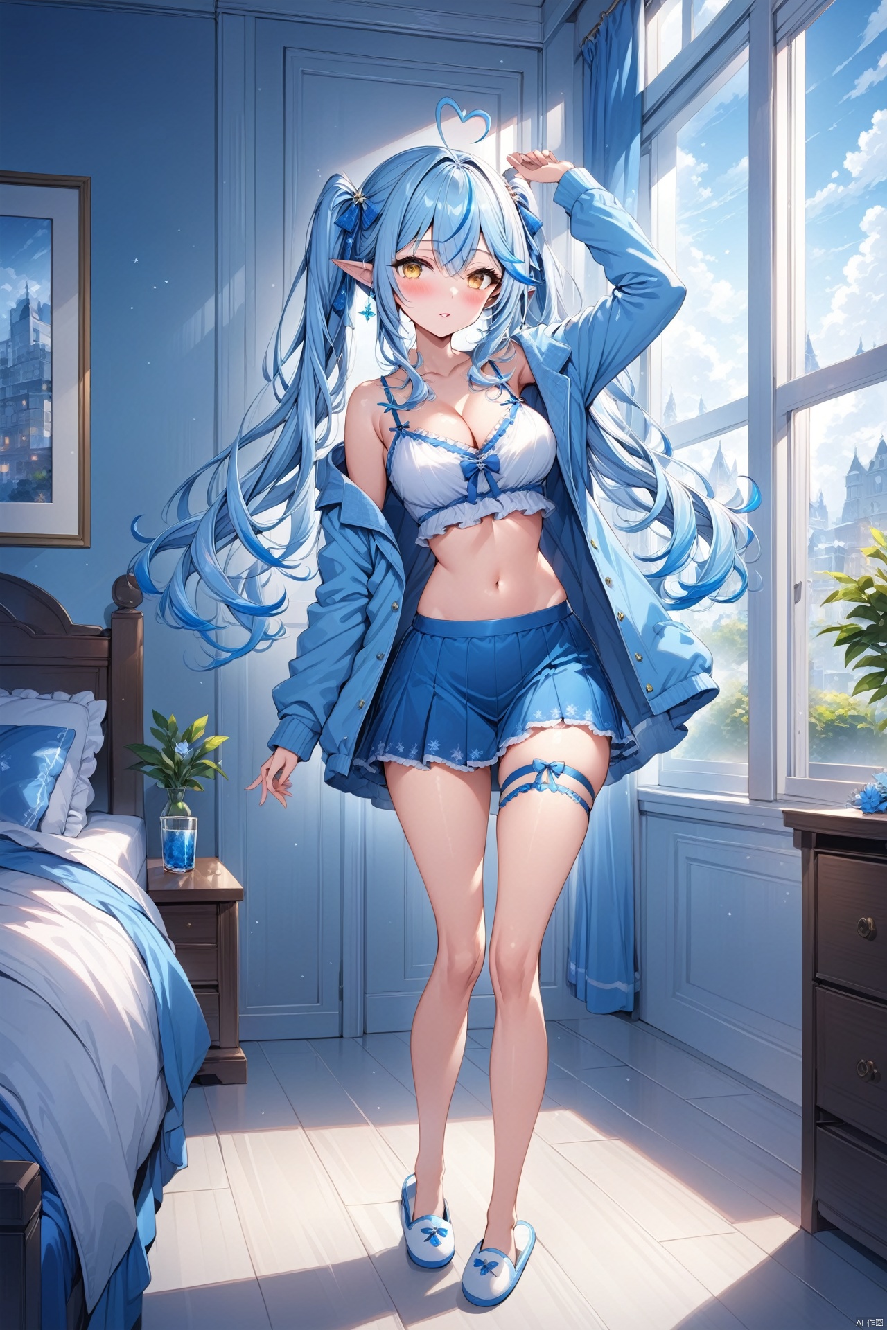  (masterpiece),(best quality),illustration,ultra detailed,hdr,Depth of field,(colorful),best quality, Artist rin yuu, 1girl, solo, slippers, long hair, breasts, yukihana lamy, camisole, large breasts, heart, ahoge, skirt, blue hair, virtual youtuber, looking at viewer, yellow eyes, thigh strap, full body, navel, blush, frills, pointy ears, blue skirt, cleavage, twintails, cup, hair ornament, arm up, heart ahoge, open clothes, standing, midriff, pillow, long sleeves, drinking glass, pajamas, blue theme, jacket, ribbon, streaked hair, hair ribbon, window, multicolored hair, parted lips, tr mini style, 3DIP