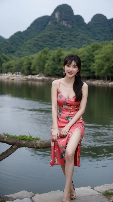  1girls,bangs,beach,black_hair,breasts,brown_eyes,brown_hair,chinese_clothes,day,dress,earrings,hair_ornament,high_heels,jewelry,lips,long_hair,looking_at_viewer,(big_breasts:1.1),multiple_girls,nail_polish,The background is the landscape of Guilin, Guangxi,open_mouth,outdoors,ponytail,short_hair,smile,standing,swept_bangs,toenail_polish,toenails,toes,water, chang, 1girl