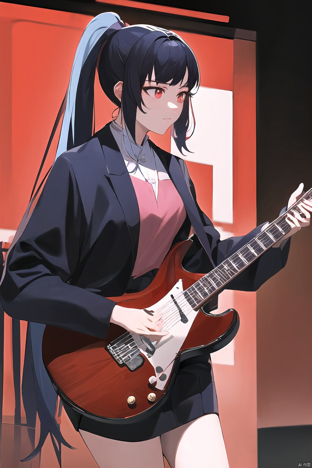  Rock girl, high ponytail, long pink-blue hair, very delicate, very beautiful, very high definition, full-length lens, passion, ((playing red guitar)) rich concert background, black background, cool lighting, master works., jijianchahua, (\shen ming shao nv\)