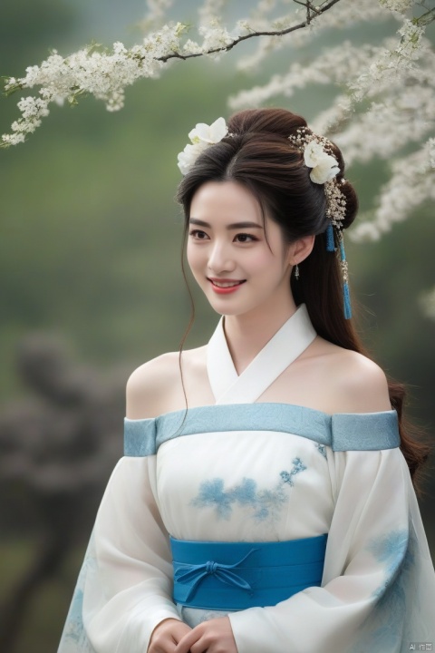  best quality, masterpiece,cowboy_shot,(Good structure),,a girl,xianjing,Off-the-shoulder, bust photo,upper body,Hanfu, Cloud, Smoke,branch,flower, smile,Gaze at the audience, Ink scattering_Chinese style, ((poakl)), ,looking_at_viewer,kind smile, , chinese dress,white dress, liuyifei,long_hair, Anne Hathaway