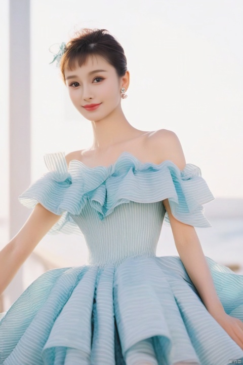  (masterpiece, best quality, hyper realistic, raw photo, ultra detailed, extremely detailed, intricately detailed), (photorealistic:1.4), (photography of Audrey Hepburn wearing a fashionable Striped off-the-shoulder ruffle hem dress, designed by Hubert de Givenchy, ), (smile), fairy, pure, innocent, beauty, (slender), super model, adr, Breakfast at Tiffany's, Sabrina, (glide_fashion), depth of field, (full shot),filmgrain,zeisslens,symmetrical,8kresolution,octanerender(OC渲染),extremelyhigh-resolutiondetails,finetexture,dynamicangle,fashion(时尚), fashion,,
