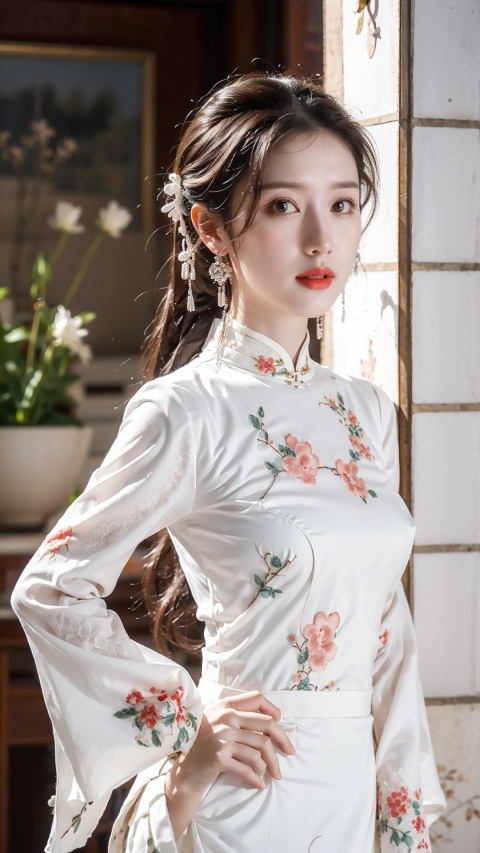  Premium, masterpiece, high-resolution, (exquisite figure: 1.5), stunning appearance, (milky white skin: 1.3). Exquisite details, high-resolution, wallpaper, 1 girl, solo, turquoise blue Hanfu, embroidery, (qipao long skirt), hair accessories, flowers, long hair, brown hair, shut up, accessories, long sleeves, wide sleeves, big eyes, flowing hair, natural posture, falling petals, indoor, lanterns, bright and cheerful lighting, sunlight shining on the face of the subject. 16K, HDR, high resolution, depth of field, upper body, (film grain: 1.2),