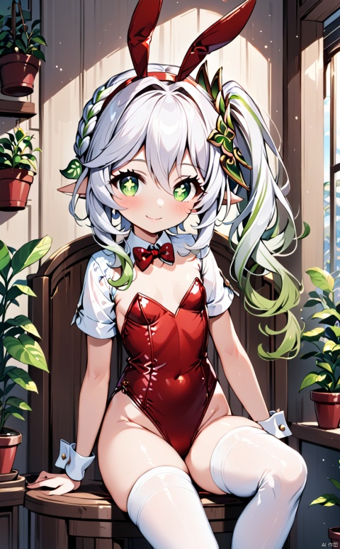  1girl, solo, long hair, breasts, looking at viewer, smile, bangs, shirt, hair ornament, thighhighs, bow, animal ears, hair between eyes, sitting, closed mouth, green eyes, white shirt, white hair, short sleeves, thighs, multicolored hair, small breasts, green hair, alternate costume, pointy ears, indoors, bowtie, rabbit ears, red bow, side ponytail, white thighhighs, leotard, groin, wrist cuffs, gradient hair, fake animal ears, highleg, playboy bunny, plant, red bowtie, highleg leotard, potted plant, red leotard, cross-shaped pupils, nahida \(genshin impact\)
