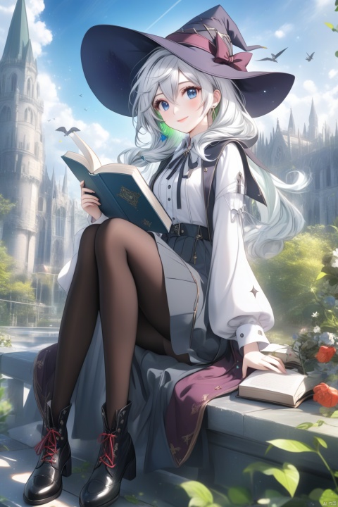  (masterpiece), (best quality), illustration, ultra detailed, hdr, Depth of field, (colorful),[pottsness],[iumu],[Sheya], Artist jszhdzcyz, 1girl, hat, elaina_(majo_no_tabitabi), solo, witch_hat, blue_eyes, long_hair, sitting, outdoors, smile, shirt, skirt, black_headwear, white_hair, book, looking_at_viewer, holding, white_shirt, hair_between_eyes, pantyhose, long_sleeves, collared_shirt, sky, boots, neck_ribbon, ribbon, closed_mouth, witch, tower, cover_image, robe, day, bird, black_footwear, brown_footwear, full_body, holding_book