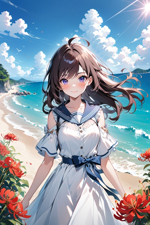  1girl, solo, dress, flower, long_hair, looking_at_viewer, white_dress, bangs, ahoge, short_sleeves, outdoors, closed_mouth, hair_between_eyes, sky, spider_lily, breasts, ribbon, pink_hair, purple_eyes, day, medium_breasts, sailor_dress, cloud, blue_sky, sailor_collar, blurry_foreground, red_flower, blurry, blush, hair_ribbon, bug, jiqing, babata, maolilan, (\MBTI\),maolilan,1girl,long hair,breasts,looking at viewer,smile,blue eyes,brown hair,dress,medium breasts,collarbone,outdoors,sky,cloud,dark skin,water,white dress,blue sky,sleeveless dress,ocean,beach,sand,sun,sundress
, 1 girl, (\shen ming shao nv\), Anne Hathaway, tr mini style