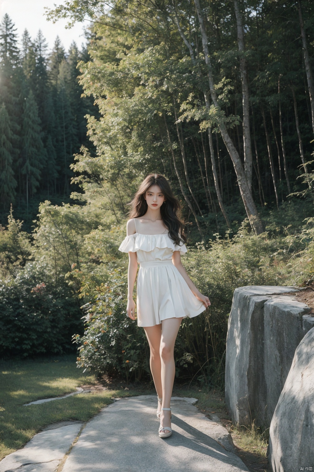  A girl, her hair flowing in the wind, stands on a rocky outcrop in the forest, the trees stretching out behind her. The scene is captured using a Fujifilm X-T3 with a 16-55mm f/2.8 lens, the image having a sharp and clear focus. The photograph has a sense of drama and tension, inspired by the works of Helmut Newton.