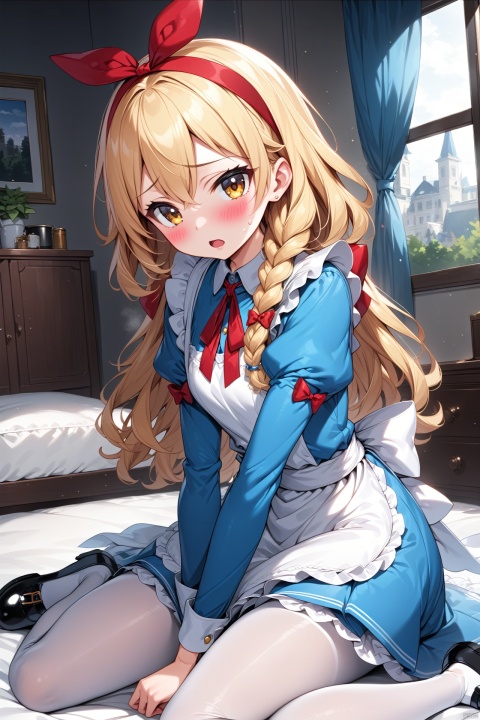  (masterpiece),(best quality),illustration,ultra detailed,hdr,Depth of field,(colorful),nai3 Style, 1girl, solo, kirisame marisa, blonde hair, red hairband, yellow eyes, blush, long hair, braid, pantyhose, white pantyhose, long sleeves, sitting, hairband, dress, blue dress, apron, black footwear, single braid, looking at viewer, hair between eyes, indoors, white apron, juliet sleeves, open mouth, shoes, curtains, bow, wariza, puffy sleeves, red bow, waist apron, alice margatroid, hair bow, on bed, sweatdrop, frills, window, tr mini style, 3DIP