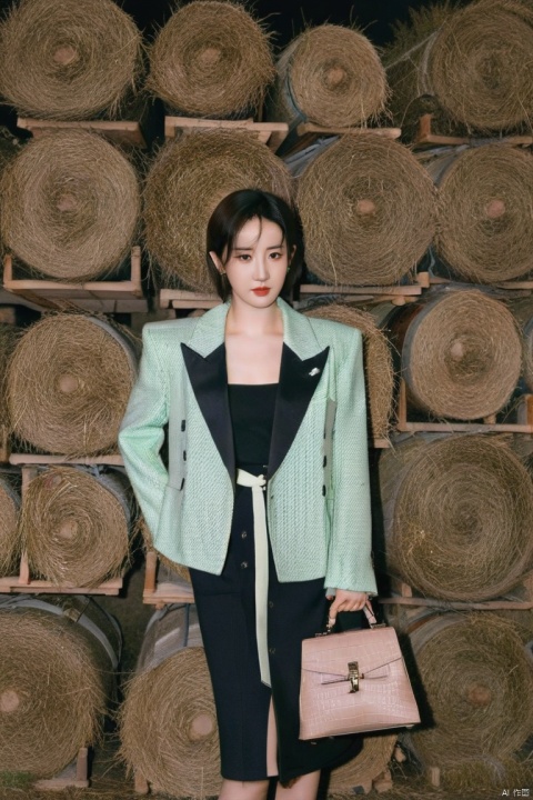  lui yifei with long black hair wearing green earrings and a fur coat with a black background and a black background, short hair, forehead, black hair, lui yifei in a suit and tie standing in a field of hay with a dark background and a black background, street, and a black and white jacket over her shoulders, lui yifei in a black dress and hat holding a purse and a purse bag standing in front of a wall, lui yifei in a short skirt and black top posing for a picture with her hands on her hips and her legs crossed, liu yifei