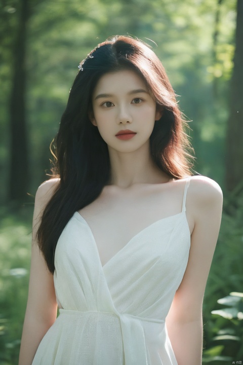  (realistic), (hyperrealism),best quality, masterpiece,ultra high res, (photorealistic:1.4),1girl,pale skin,skinny,(looking at viewer:2), ,forest, flowers, sunlight,
 , (tattered) wedding dress , bare shoulders, upper body,