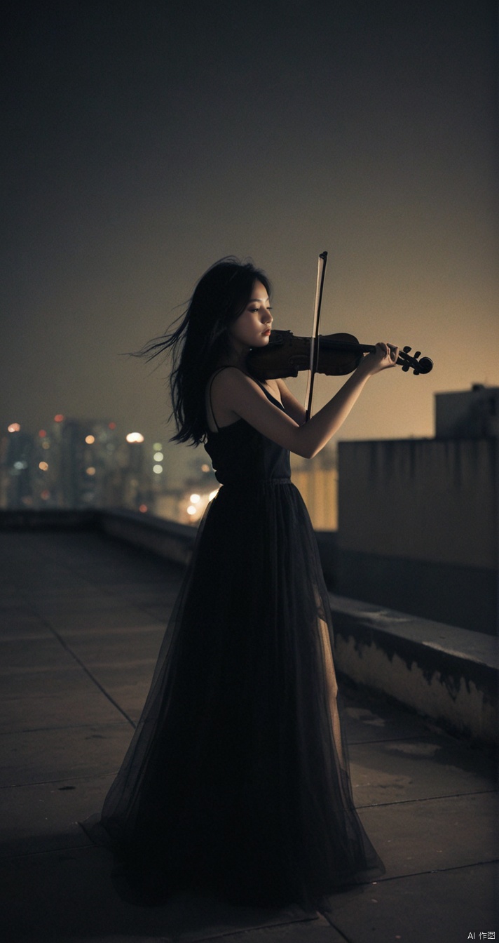  leogirl,a young girl playing the violin on the roof of a building,dark environment,in the dark,deep shadow,a very atmospheric scene,Chinese girl,slender figure,the evening breeze ruffled her hair,long black hair,blurry_foreground,depth of field,Raw photo,light through out from shadowmotion blur.Shaky Camera,flashy,dynamic posedreamy,wind,black theme,film grain,grainy,eyes closed,double exposure,tile shift,(upward perspective:1.3),(full body:1.3),flat roof,venerable roof,a cinematic atmosphere,triangular composition,(look up view:1.3),long black tulle dress,best quality,8k,hazy and beautiful,night,shoot from the bottom up,wide-angle lens,