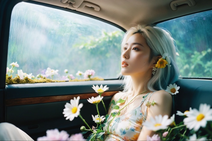  breathtaking ethereal fantasy concept art of cinematic film still,chinese girl,a girl with white hair sitting in car filled with flowers,art by Rinko Kawauchi,in the style of naturalistic poses,vacation dadcore,youth fulenergy,a cool expression,body extensions,flowersin the sky,****og film,super detail,dreamy lofi photography,colourful,covered in flowers andvines,Inside view,shot on fujifilm XT4 . shallow depth of field,vignette,highly detailed,high budget,bokeh,cinemascope,moody,epic,gorgeous,film grain,grainy . magnificent,celestial,ethereal,painterly,epic,majestic,magical,fantasy art,cover art,dreamy,monkren, . award-winning, professional, highly detailed, light master, monkren, sunlight