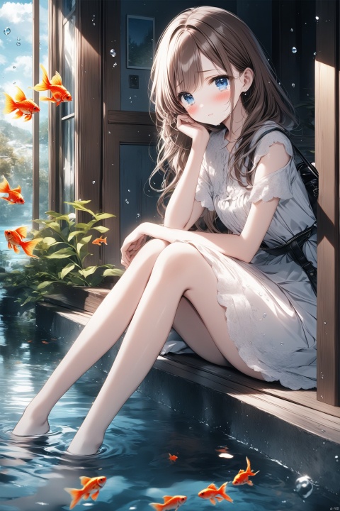 (masterpiece),(best quality),illustration,ultra detailed,hdr,Depth of field,(colorful),[Artist misumi (macaroni)],[iumu],[Artist chen bin], 1girl, solo, fish, blue eyes, barefoot, looking at viewer, long hair, sitting, blush, goldfish, knees up, dress, brown hair, white dress, water, tears, short sleeves, bag, window, full body, closed mouth, shirt, sleeveless, skirt