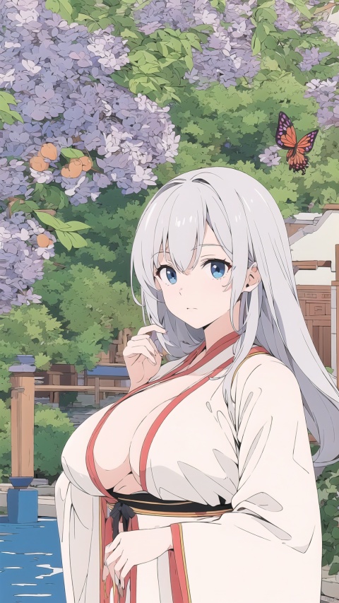  blue ru_qun,best_quality,head,original_outfit,hanfu,clear details,masterpiece, best_quality, clear details,1girl,garden background,, butterfly on finger,blue eyes,white hair,long hair,big eyes ,yuzu,liquid clothes,girl,Anime,azur lane, Chinese style, best quality, Apricot eye