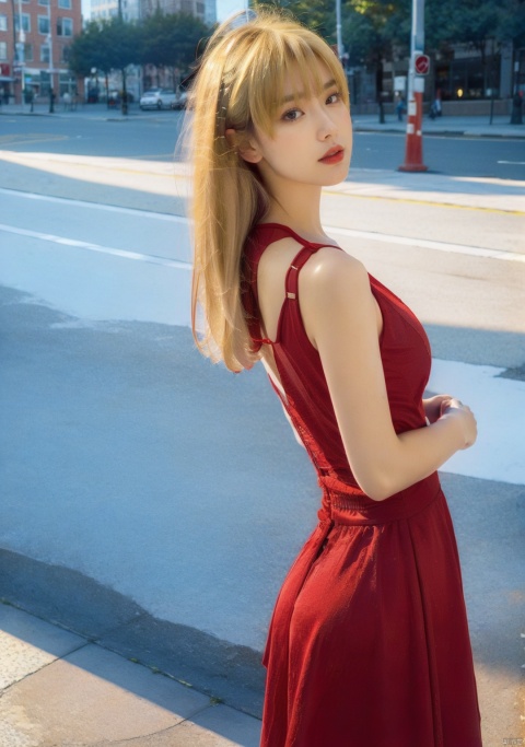  1gilr,(masterpiece:1.3),(best quality:1.3),(photorealistic:1.4),realistic,4k, (((blonde hair))),detail face,outdoors,city,full body,big_breasts,(red dress),((short dress)), pld