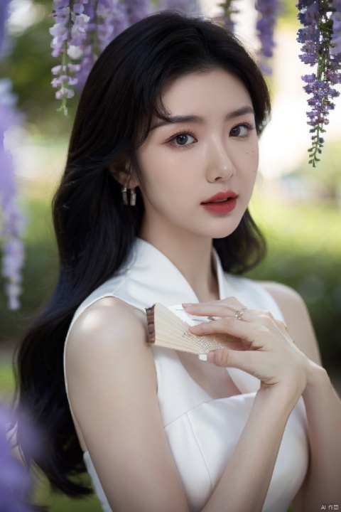 1girl, blurry, blurry_background, blurry_foreground, depth_of_field, motion_blur, hand_fan, bokeh, photo_\(medium\), solo, dress, chinese_clothes, black_hair, earrings, lips, 3d, photo_background, holding, focused, jewelry, wisteria, holding_fan, looking_at_viewer, photorealistic, china_dress,extremely detailed CG unity 8k wallpaper,masterpiece, best quality, ultra-detailed, beautiful detailed eyes:1.2,best illumination, (best shadow, an extremely delicate and beautiful, bloom),best quality, masterpiece, highres, original, extremely detailed wallpaper, perfect lighting,(extremely detailed CG:1.2), drawing, paintbrush,, 