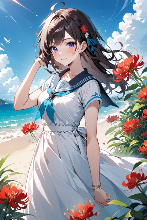  1girl, solo, dress, flower, long_hair, looking_at_viewer, white_dress, bangs, ahoge, short_sleeves, outdoors, closed_mouth, hair_between_eyes, sky, spider_lily, breasts, ribbon, pink_hair, purple_eyes, day, medium_breasts, sailor_dress, cloud, blue_sky, sailor_collar, blurry_foreground, red_flower, blurry, blush, hair_ribbon, bug, jiqing, babata, maolilan, (\MBTI\),maolilan,1girl,long hair,breasts,looking at viewer,smile,blue eyes,brown hair,dress,medium breasts,collarbone,outdoors,sky,cloud,dark skin,water,white dress,blue sky,sleeveless dress,ocean,beach,sand,sun,sundress
, 1 girl, (\shen ming shao nv\), Anne Hathaway, tr mini style