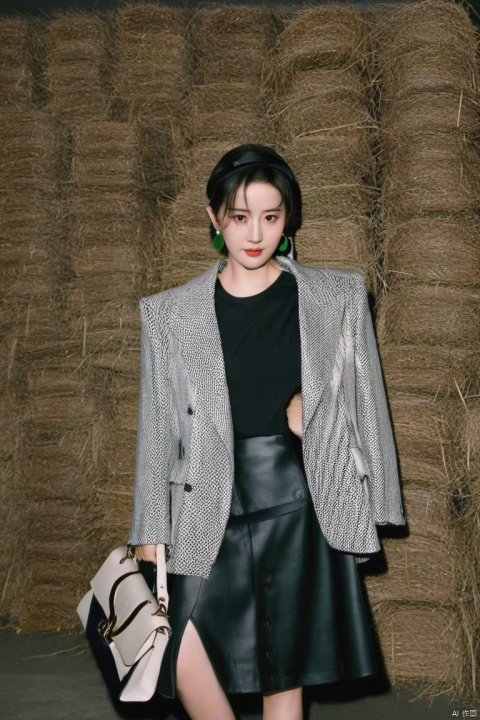  lui yifei with long black hair wearing green earrings and a fur coat with a black background and a black background, short hair, forehead, black hair, lui yifei in a suit and tie standing in a field of hay with a dark background and a black background, street, and a black and white jacket over her shoulders, lui yifei in a black dress and hat holding a purse and a purse bag standing in front of a wall, lui yifei in a short skirt and black top posing for a picture with her hands on her hips and her legs crossed, liu yifei