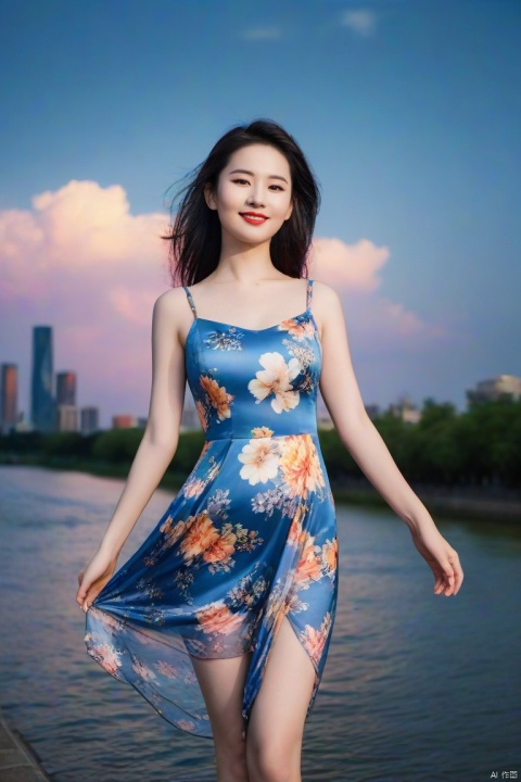  realistic,photorealistic,masterpiece,best quality,dark shot,(photo of portrait:1.2),cowbody shot,1girl,solo,smile,looking at viewer,long black hair,([:see-through:4]:1.2) (colorful:1.2) cns_dress,(floral print:1.2),standing by a river,dynamic pose,(shanghai:1.2),water,colorful cloud,incredible beautiful sky,netural lighting,dynamic Angle,neon,moon,bokeh,Chiaroscuro,liuyifei