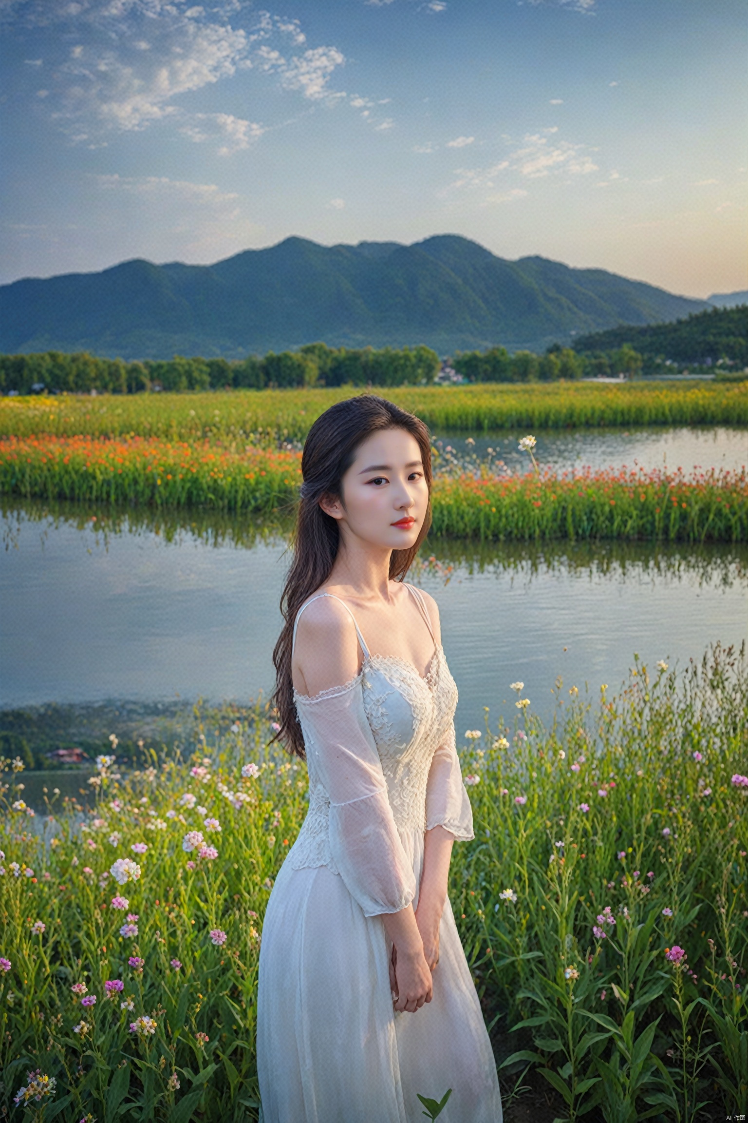  mamianqun,1girl,full body,masterpiece,best quality,outdoor field, flowers, lake in background, 32k uhd,hdr,dtm,cinematic lighting effects,wide shot,wide-angle lens,super vista,super wide angle,exquisite facial features,super delicate face,liuyifei
