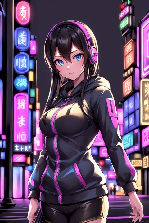  Dreampolis, hyper-detailed digital illustration, cyberpunk, single girl with techsuite hoodie and headphones in the street, neon lights, lighting bar, city, cyberpunk city, film still, backpack, in megapolis, pro-lighting, high-res, masterpiece, (/qingning/), (\MBTI\), (\shen ming shao nv\)